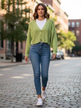 FOREVER 21 NWOT Grass Green Cropped Cardigan Sweater L Cable Knit